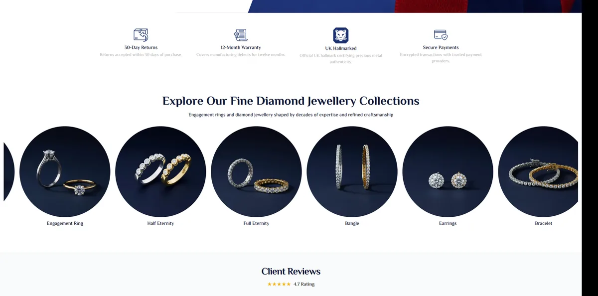 Fine Diamonds R Us storefront: jewellery collections and diamond shape selector
