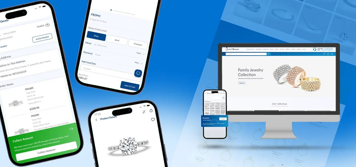 JewelMounts jewellery platform: iOS and Android app screens and the web store