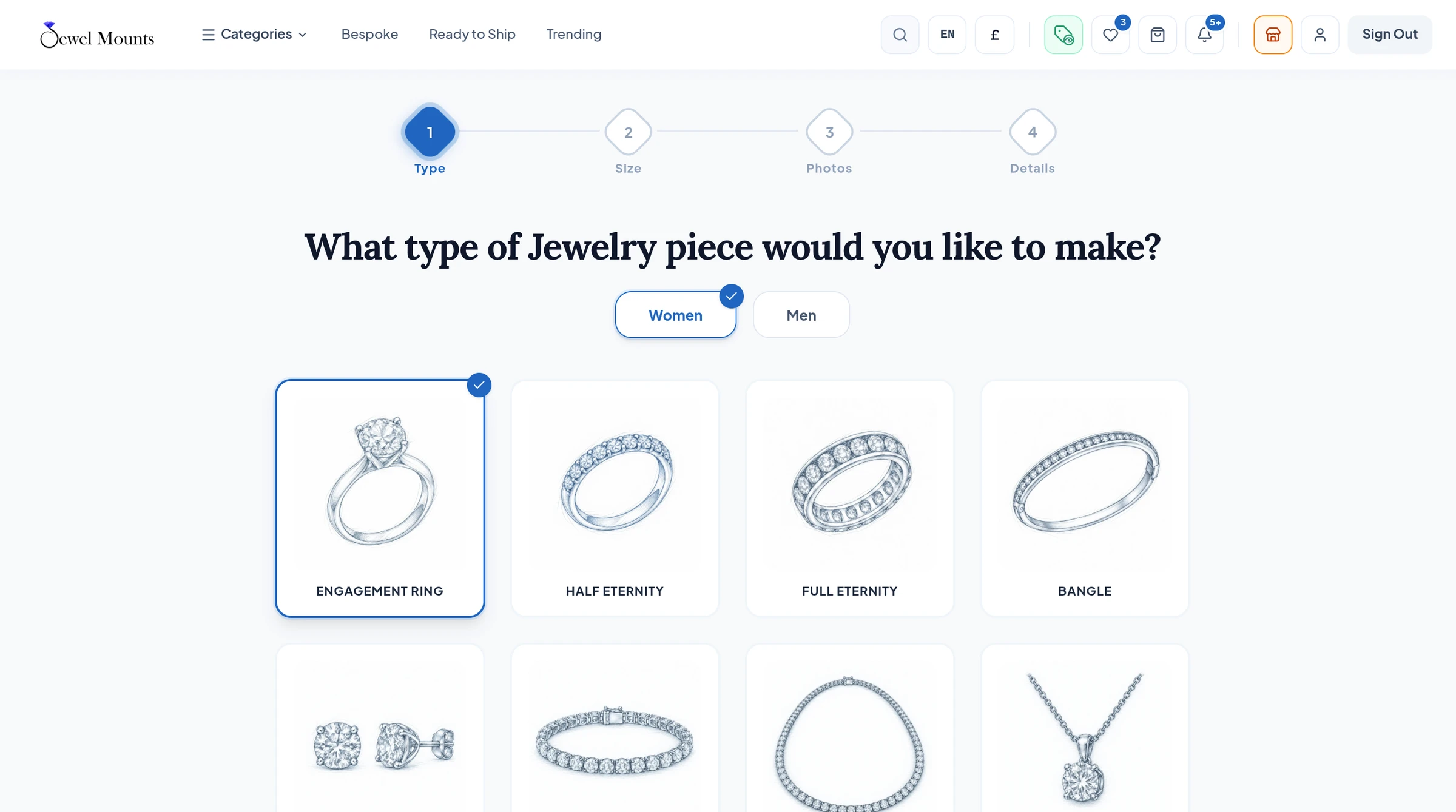 JewelMounts platform screen: Bespoke order wizard