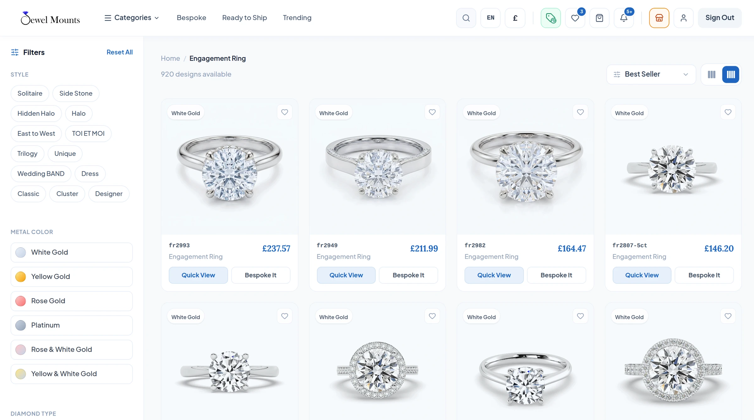JewelMounts platform screen: Catalogue · 920 engagement-ring designs