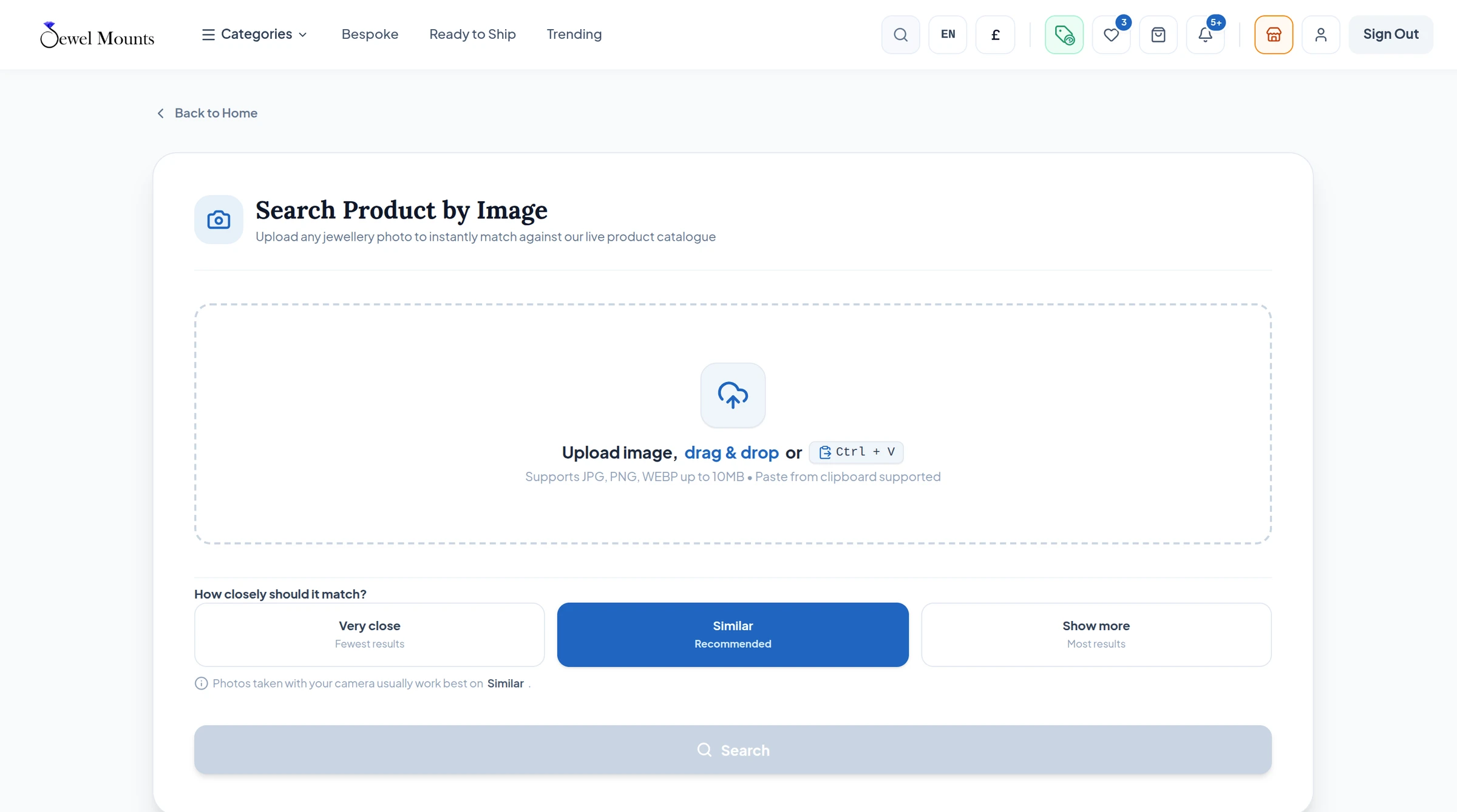 JewelMounts platform screen: Image search