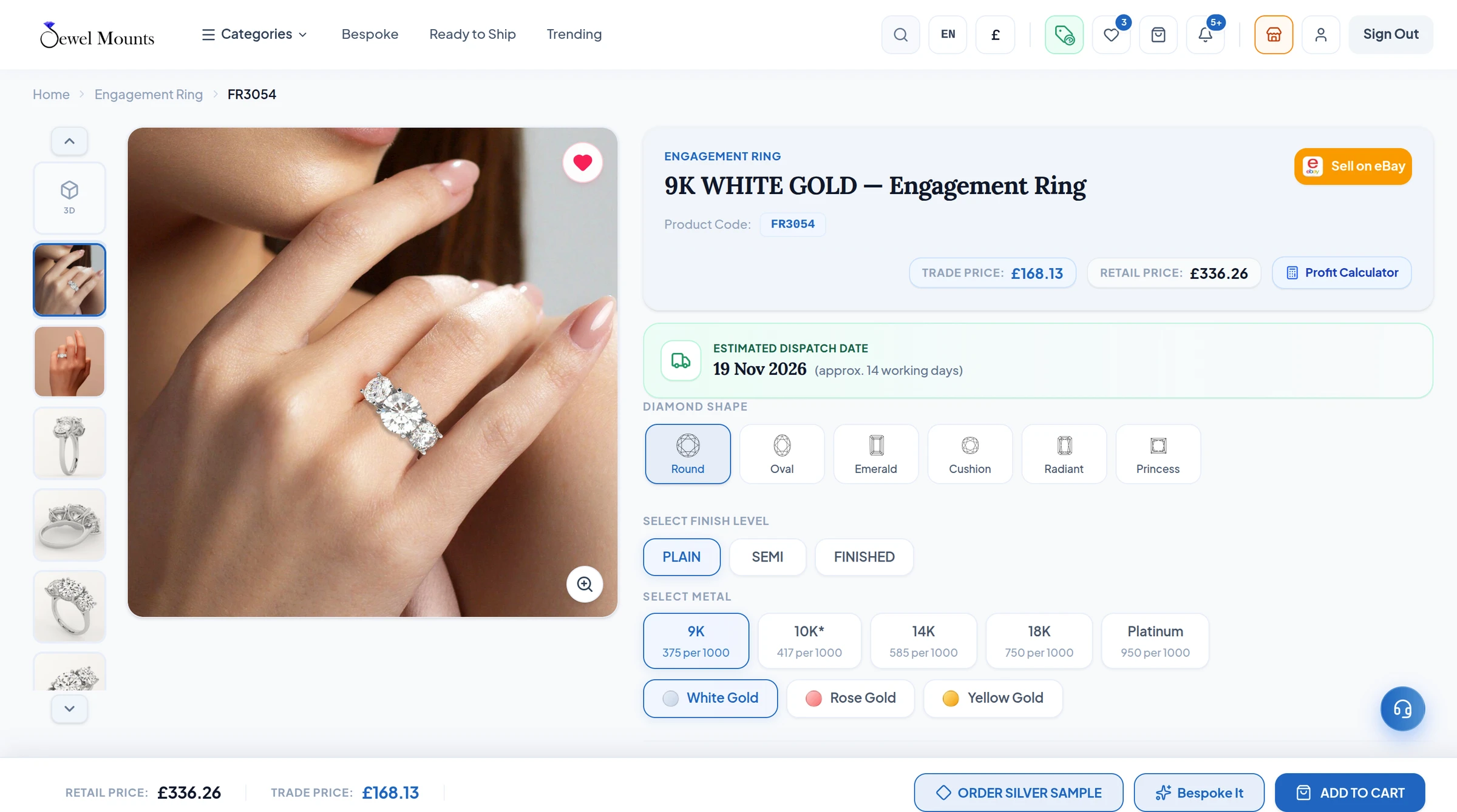 JewelMounts platform screen: Product page · 3D view, trade price, sell on eBay
