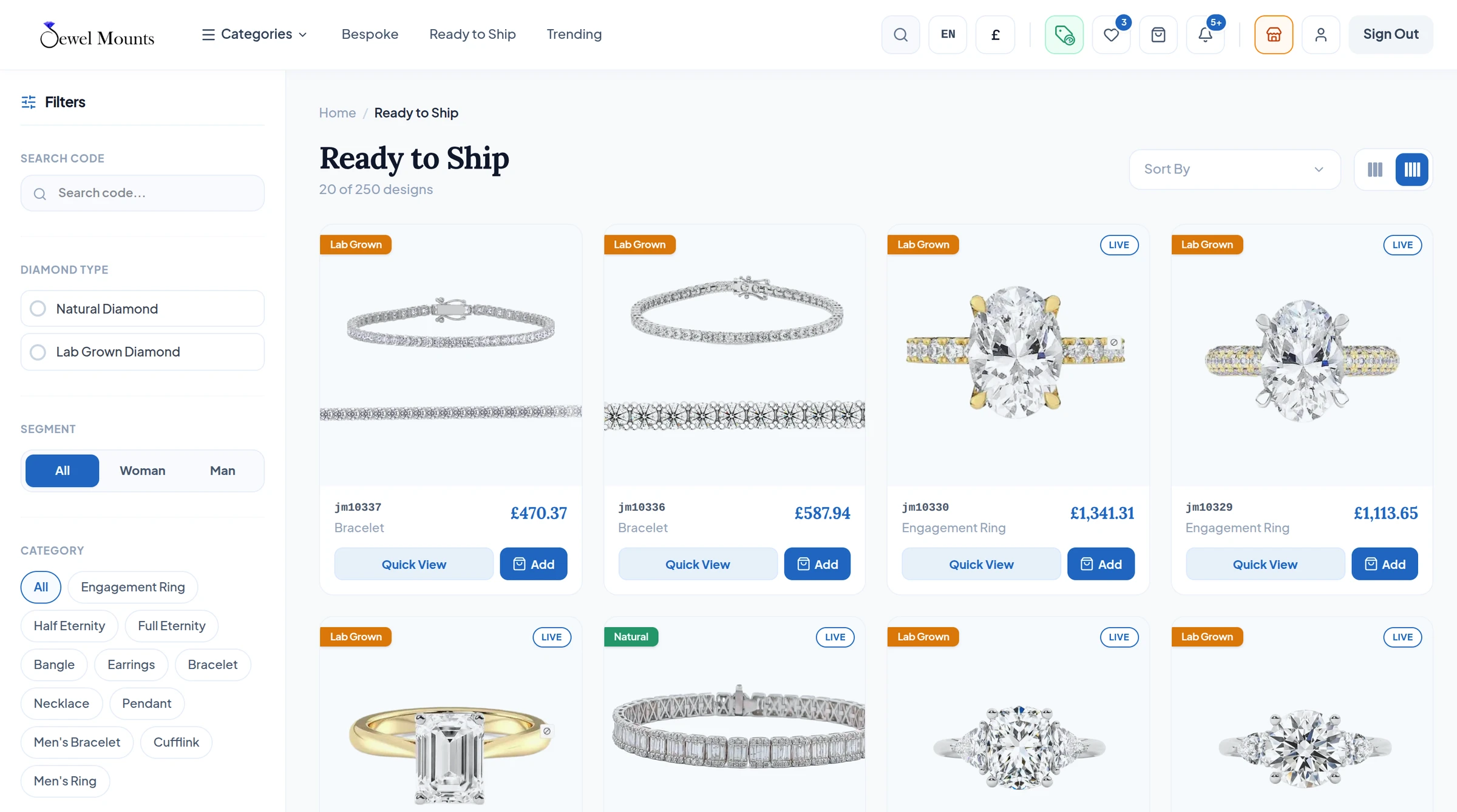 JewelMounts platform screen: Ready to ship