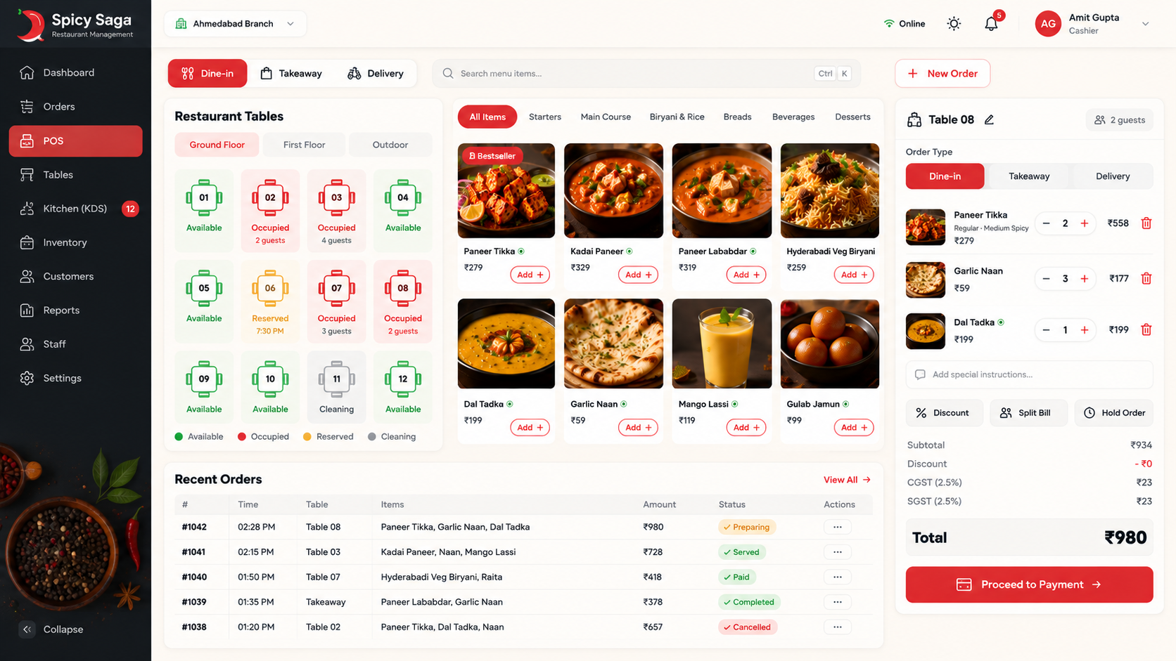 Spicy Saga restaurant POS with table map, menu and live order cart